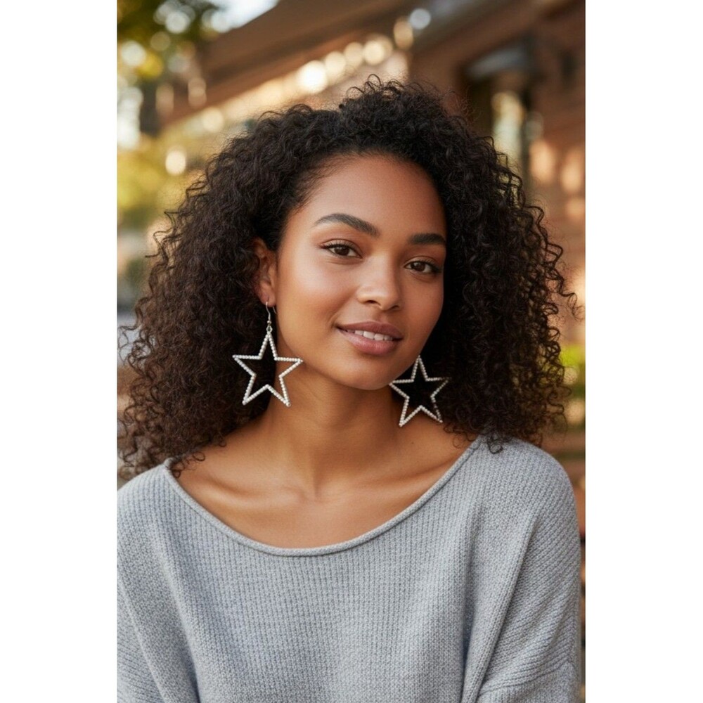 White Beaded Star Dangle Earrings Boho Statement Celestial Earrings